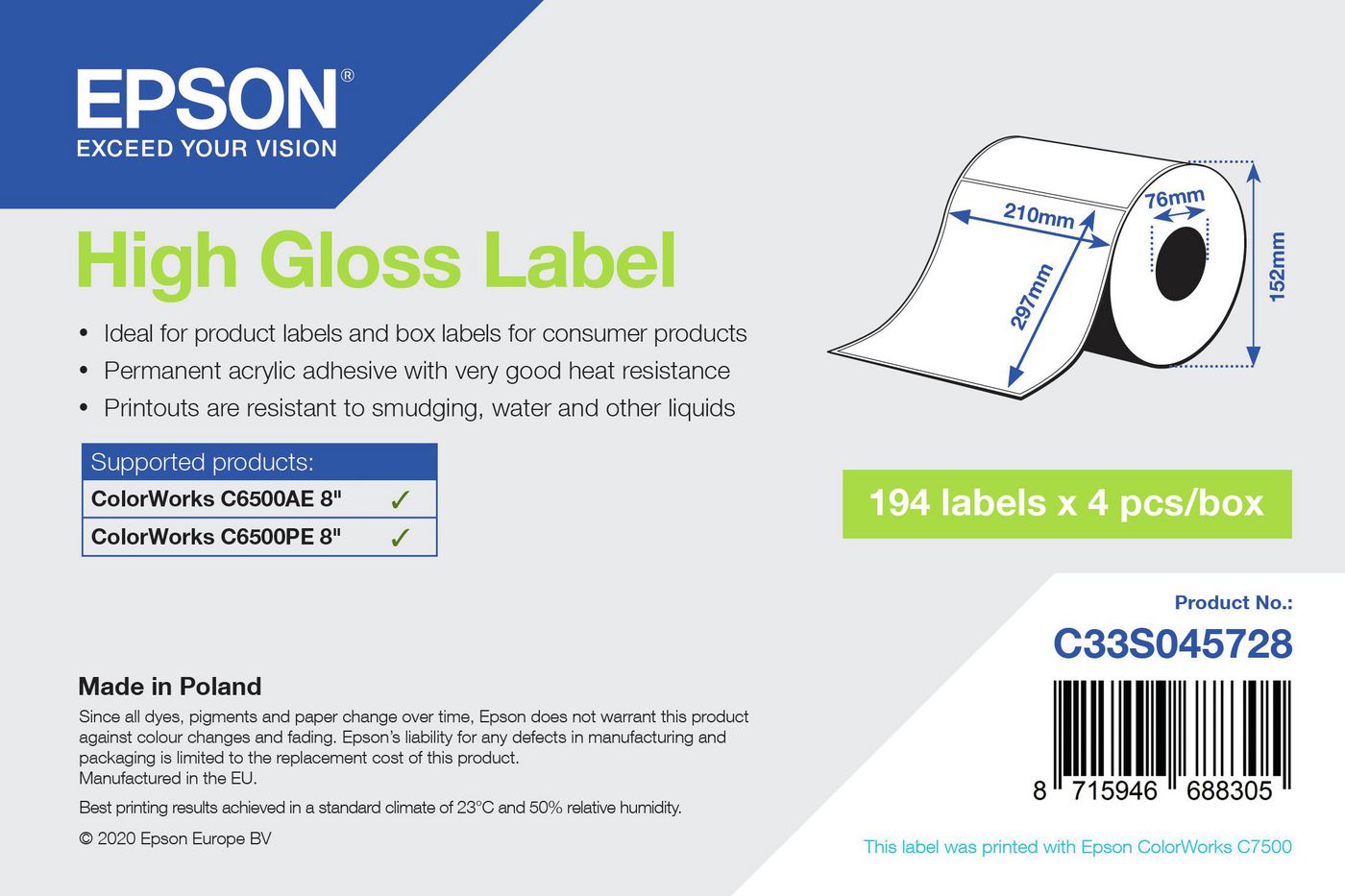 Epson Etiketten (Rolle) 76 × 127 mm – weiss – permanent haftend – Inkjet – für ColorWorks CW-C6500