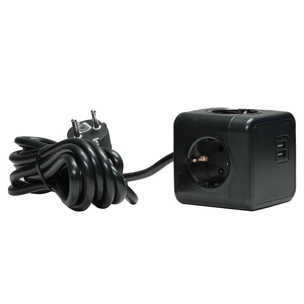 Microconnect GRUCUBE2USB-B3 Steckdosenleiste – 3× Schuko (Typ F), 2× USB, 3 m, ohne Schalter, schwarz