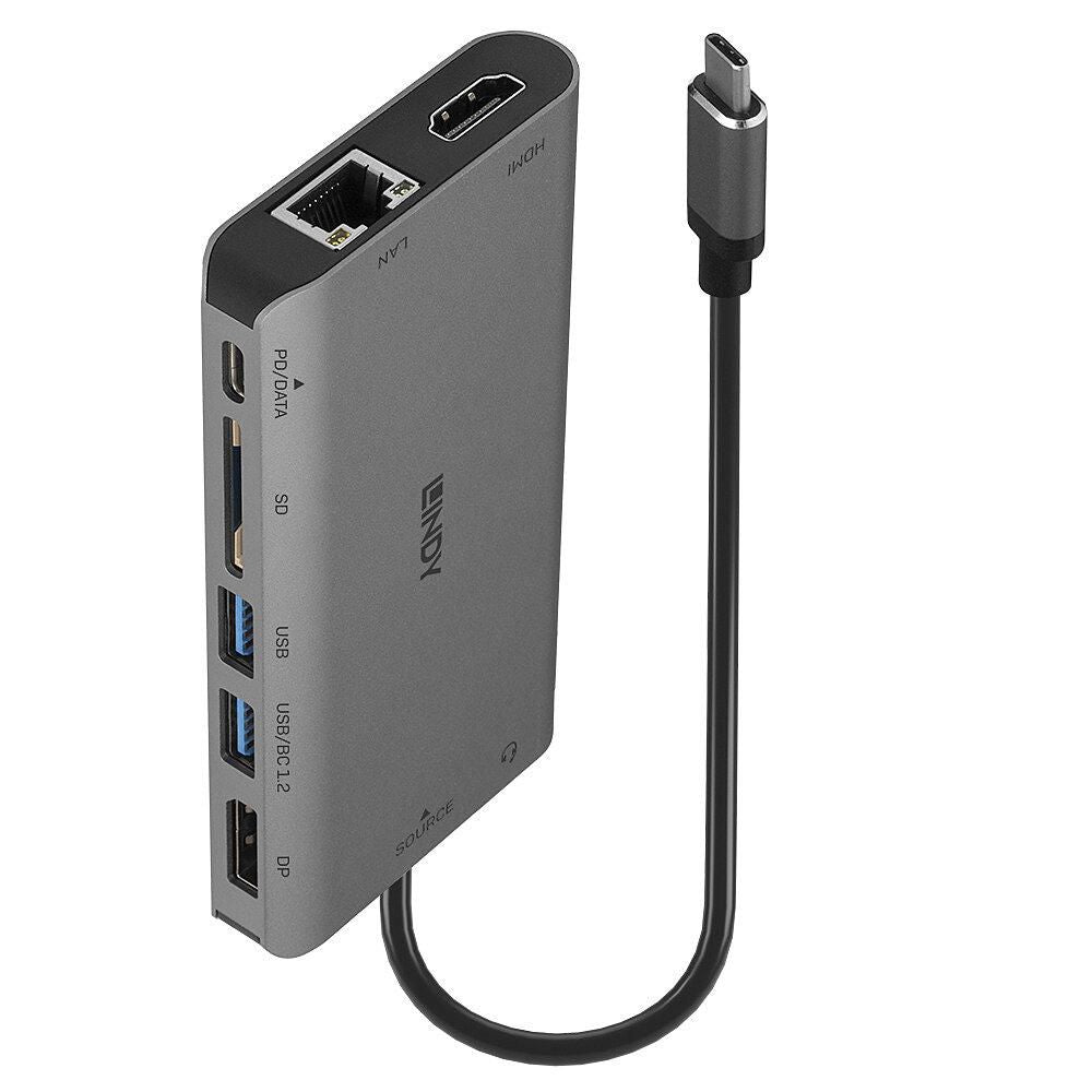 Lindy 43323 Multiport-Adapter – USB-C, 1× DP, 1× HDMI, 1× USB-A, 100 W PD, GbE, SD, 3,5 mm Audio
