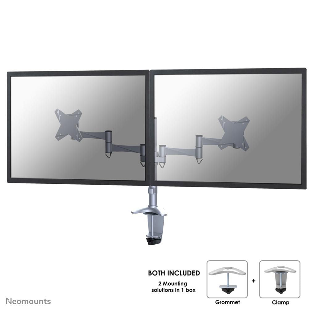 Neomounts Monitorarm, Dual, Tischklemme/Tischdurchführung, bis 27", VESA 75 × 75/100 × 100 mm, 9 kg, silber