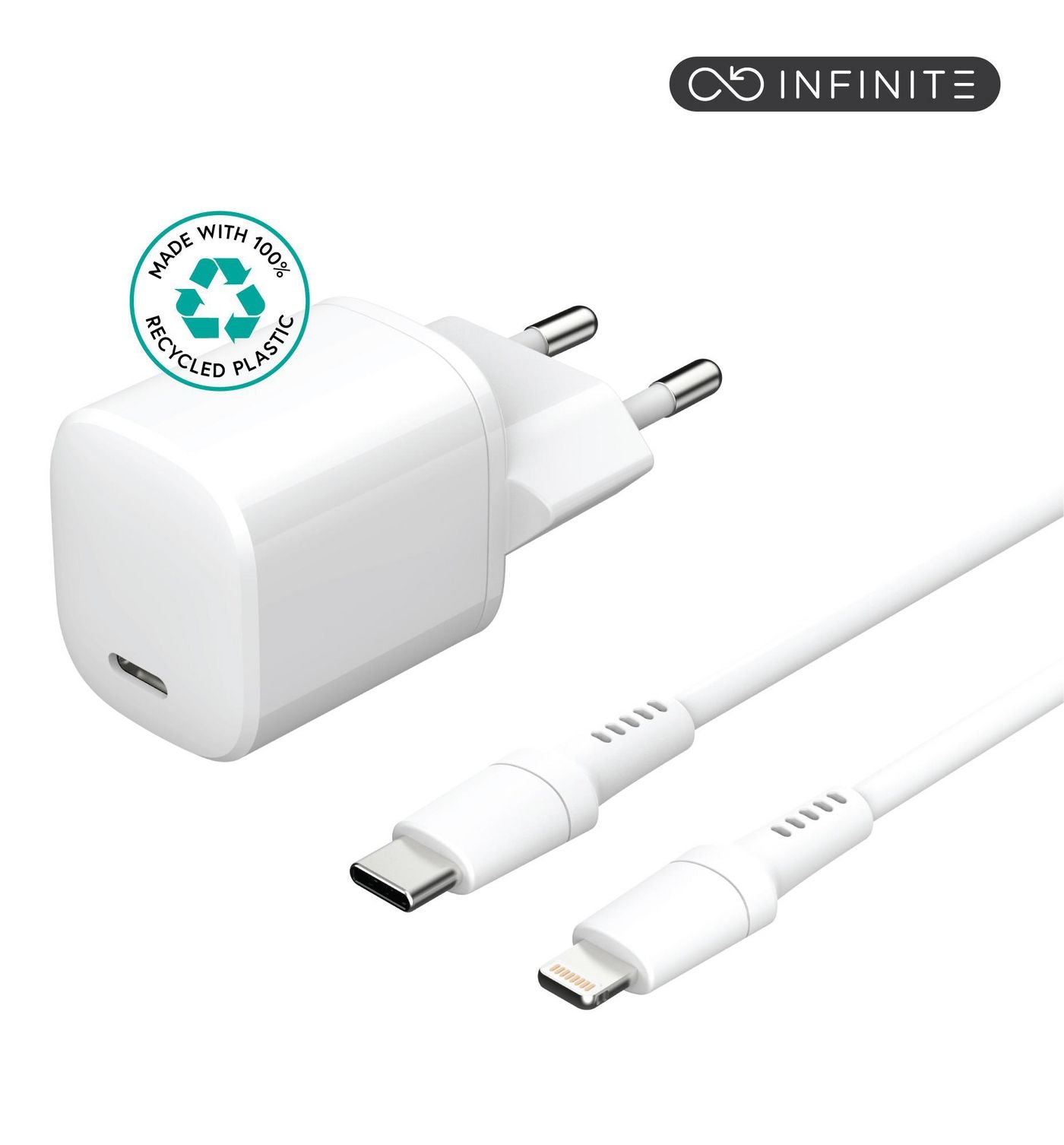 eSTUFF INFINITE Charger Kit USB-Ladegerät 20 W – USB-C×1, Lightning-Kabel 1,5 m – QC 3,0 – für iPhone – weiss