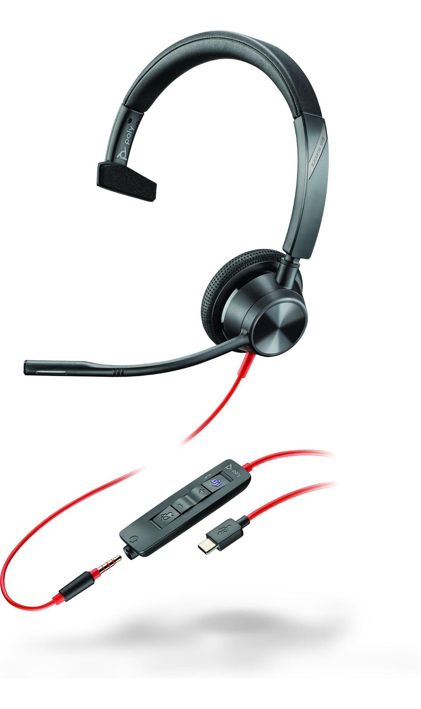 Poly Blackwire 3315 Office-Headset – On-Ear, Mono, USB-C + 3,5 mm Klinke, MS Teams zertifiziert, Schwarz