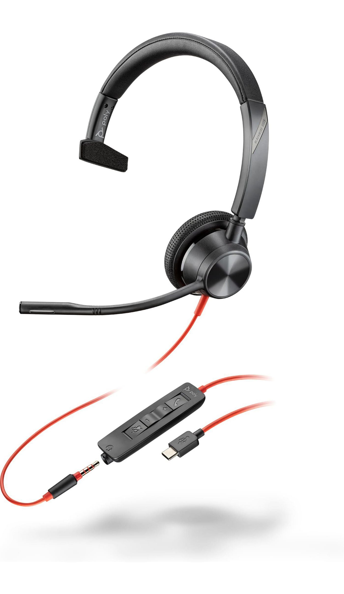 Poly Blackwire 3315 Office-Headset – On-Ear, Mono, Kabel, USB-C, 3,5 mm Klinke, ANC, Schwarz