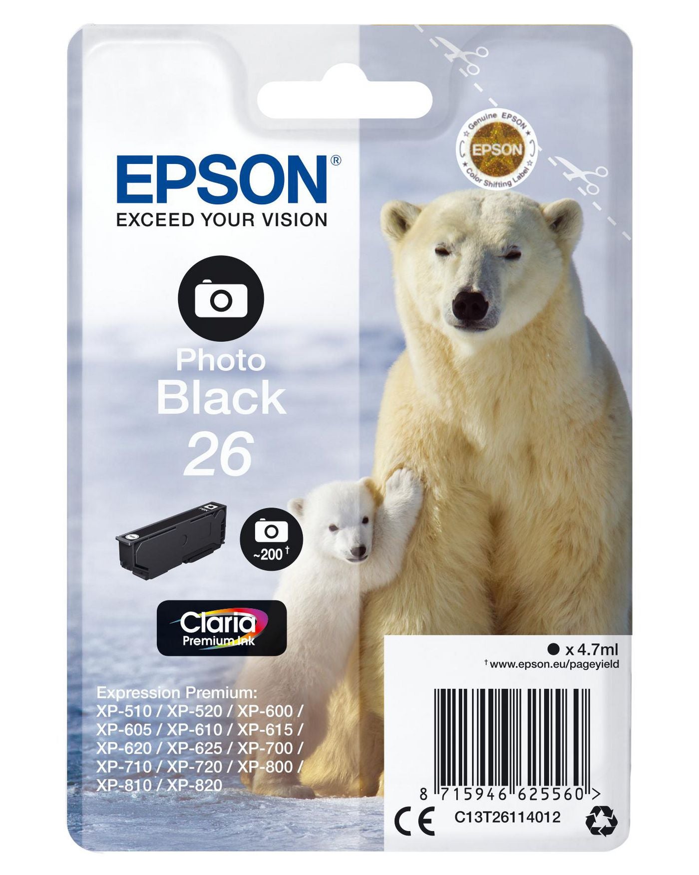 Epson 26 Foto-Schwarz Tintenpatrone (Original) – 200 Seiten – für Expression Premium XP-820/720/625 …
