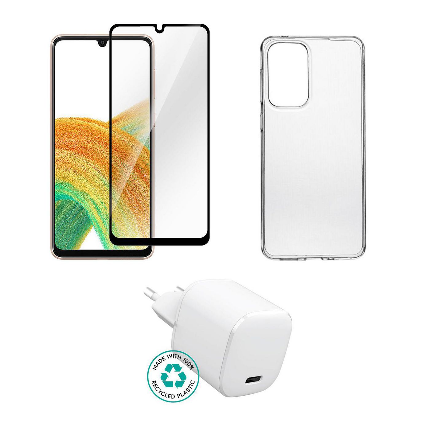 eSTUFF 3-in-1 Starter-Set (Ladegerät, Hülle, Displayschutzglas) – für Samsung Galaxy A33 – Transparent/Weiss