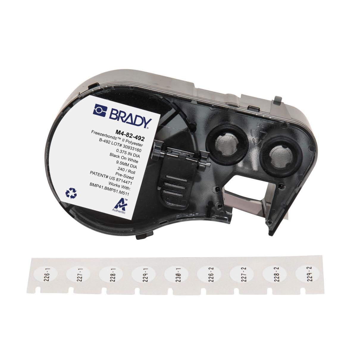 Brady Druckeretiketten, Ø 10 mm, schwarz/weiß, Polyester, permanent, für BMP41 und andere, 1 Rolle, 240 Etiketten