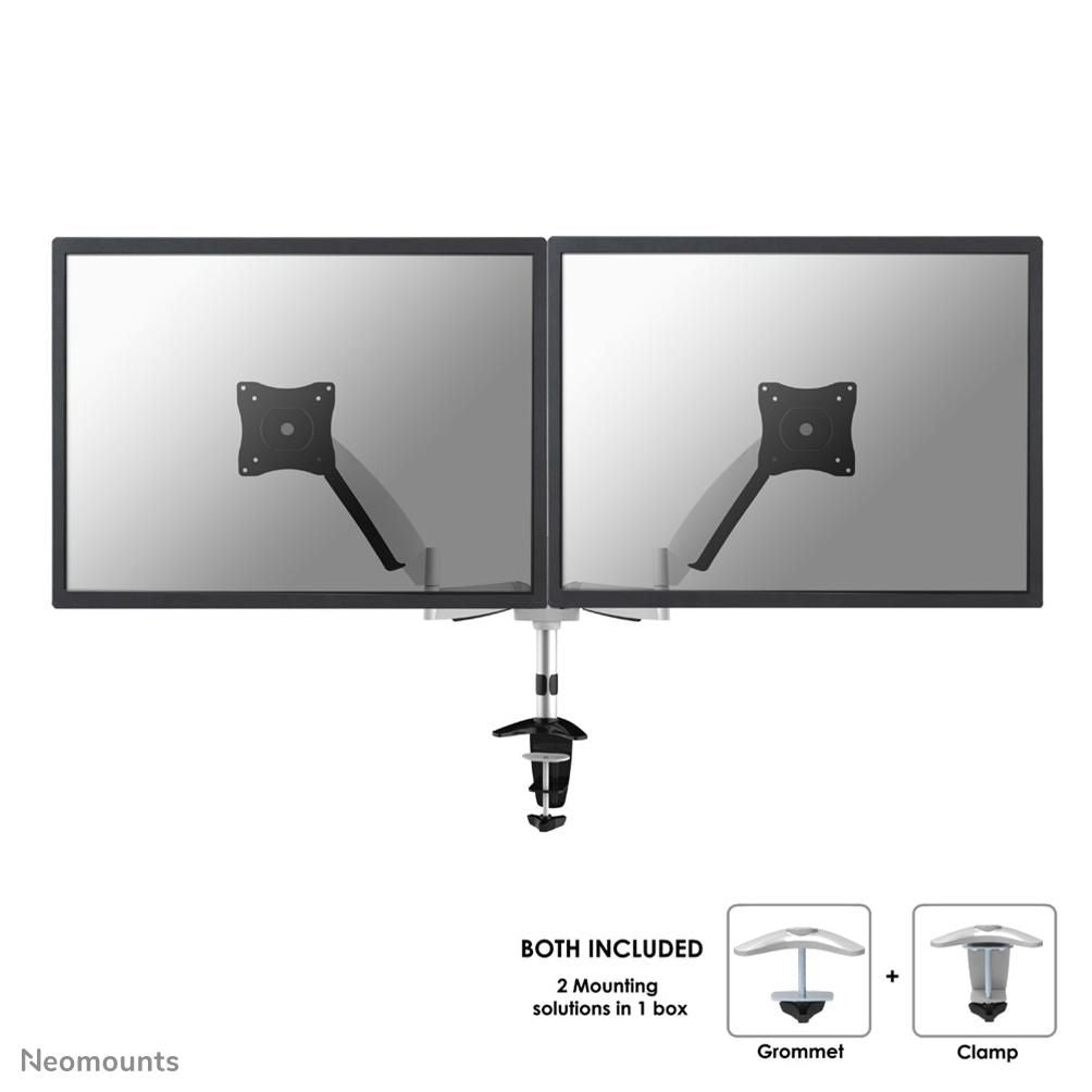Neomounts Monitorarm, Dual, Tischklemme/Tischdurchführung, bis 27", höhenverstellbar, Gasfeder, Silber