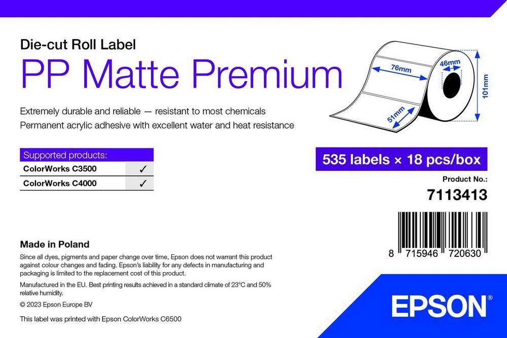 Epson Druckeretiketten (Rolle), 76 mm × 51 mm, Polypropylen (matt), 535 Etiketten