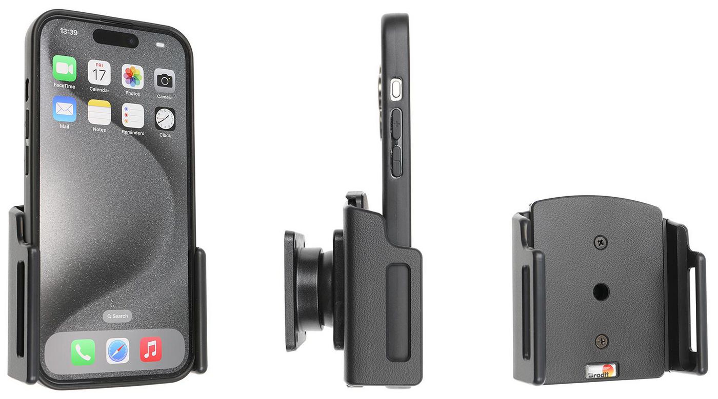 Brodit Auto-Halterung (passiv) – Neigbar 0–17°, 360° drehbar – Auto – für iPhone 15, iPhone 15 Pro – Schwarz