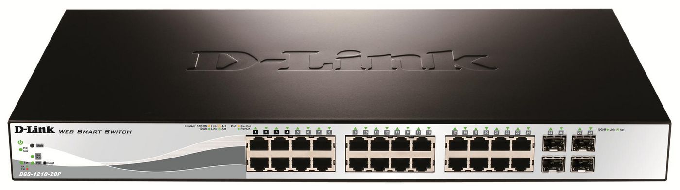 D-Link DGS-1210-28P – Verwalteter L2 Switch – 24× 1G, 4× SFP, PoE+, PoE-Budget 193 W, 19", 1U