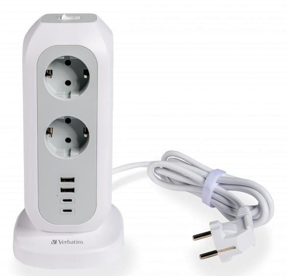 Verbatim EUPT-01 Steckdosenleiste EU-Stecker (Typ C) 11×, 3600 W – USB-C×2, USB-A×2, Überlastschutz – Weiss