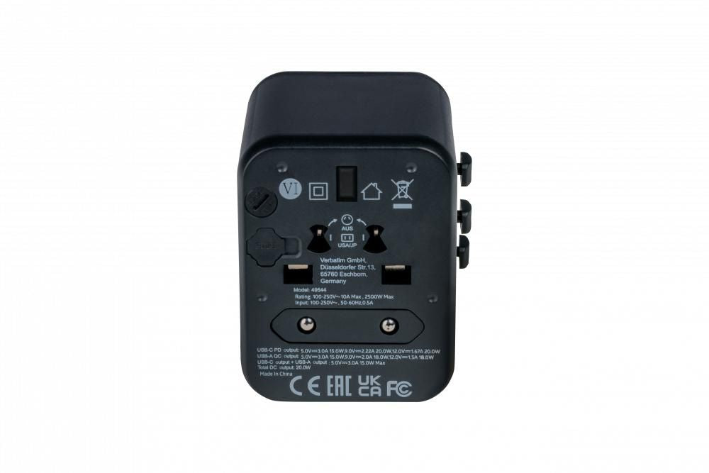 Verbatim Reiseadapter – 100–250 V, 2'500 W, 2x USB (PD20W) – von Typ A/B/C zu Typ E/F/G usw. – schwarz