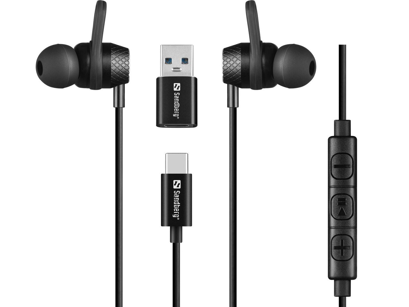 Sandberg In-Ear Kopfhörer – Stereo, Kabel, USB-C/USB-A, mit In-Line-Mikrofon, mit USB-Adapter, Schwarz