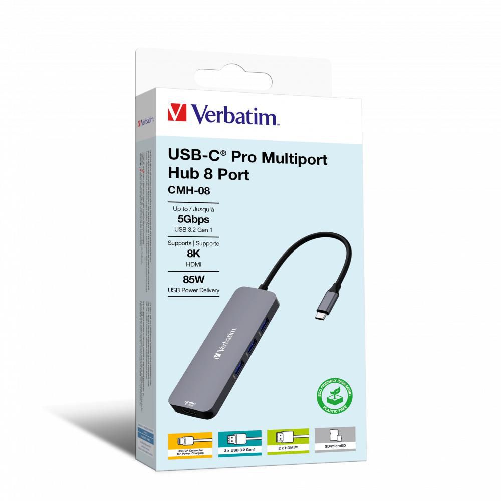Verbatim CMH-08 Multiport-Adapter – USB-C, 2× HDMI, 3× USB-A, 100 W PD, SD/microSD, für Windows/Mac/ChromeOS