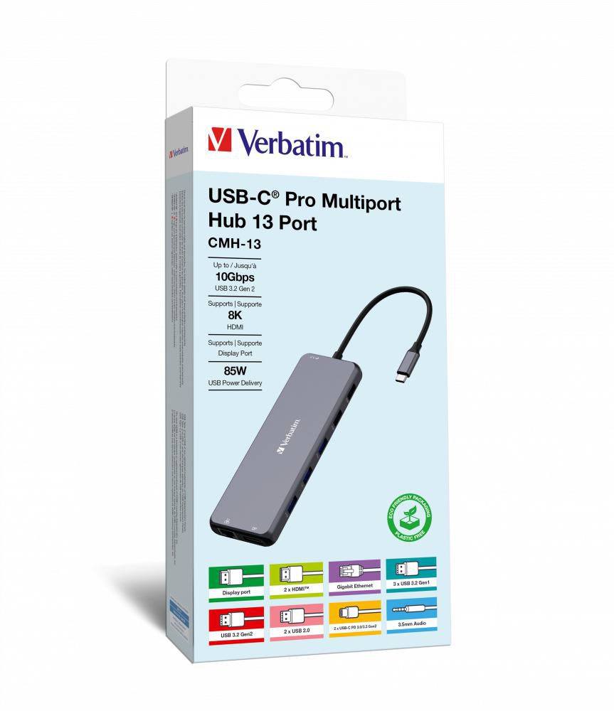Verbatim CMH-13 Multiport-Adapter – USB-C, 1× DP, 2× HDMI, 6× USB-A, 2× USB-C, 100 W PD, GbE, 3,5 mm Audio