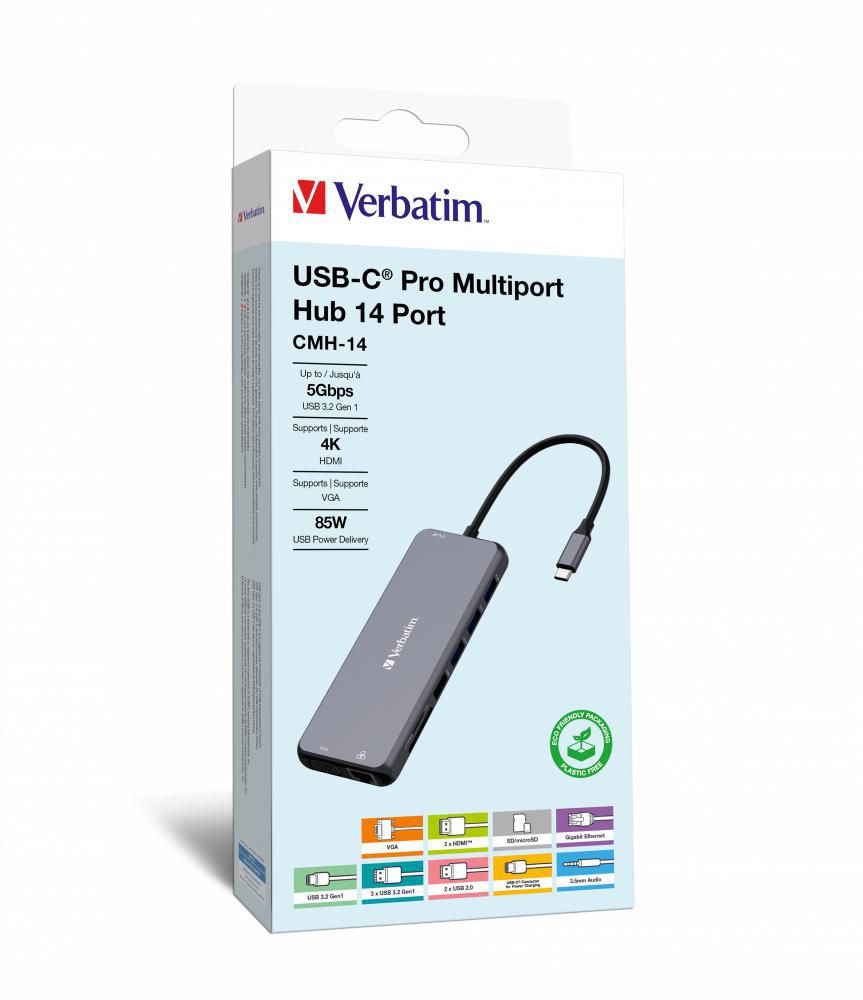 Verbatim CMH-14 Multiport-Adapter – USB-C, 2× HDMI, 1× VGA, 5× USB-A, 100 W PD, GbE, für Windows/Mac/ChromeOS