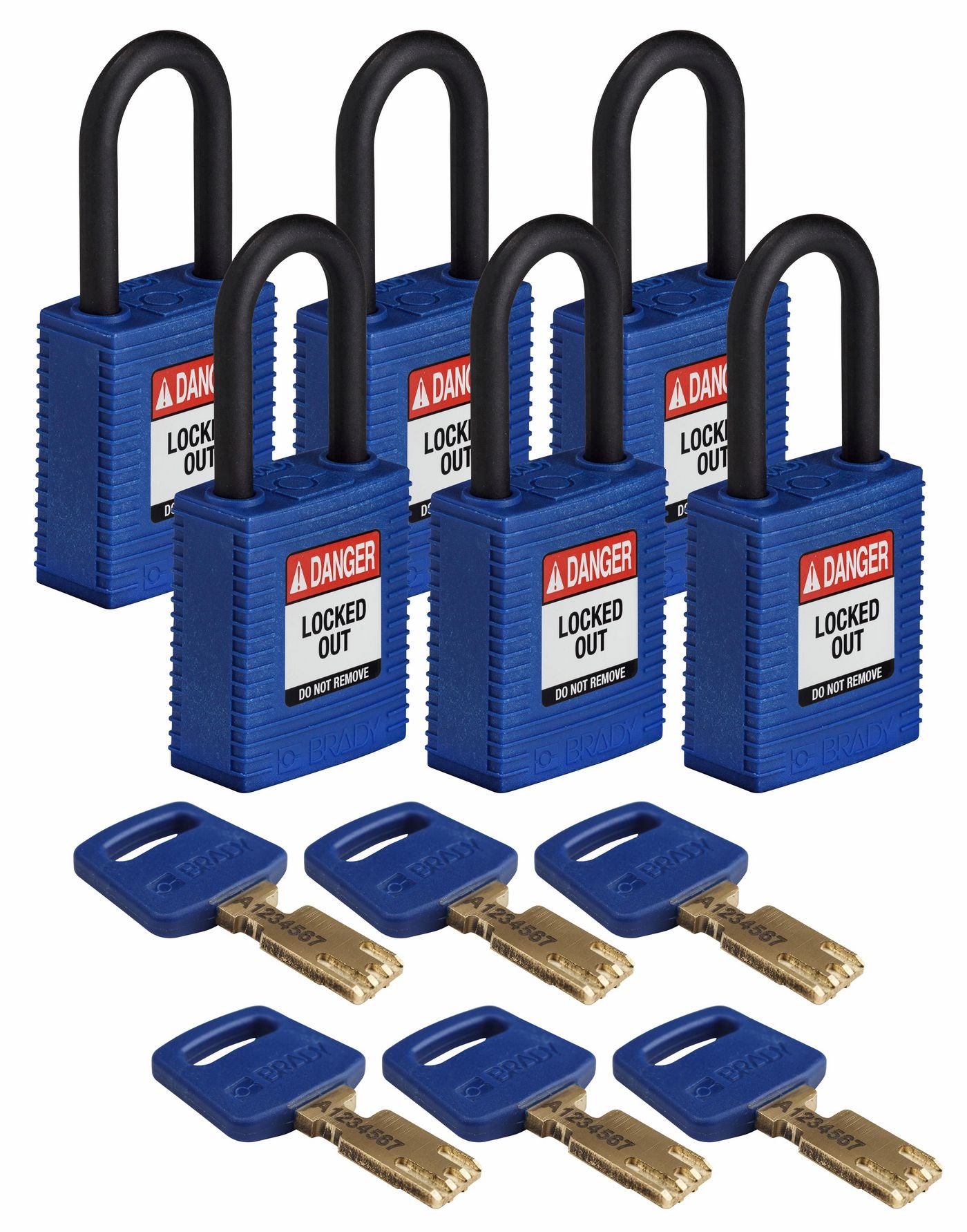 Brady SafeKey Mechanisches Vorhängeschloss – Nylon, Bügel 38×20 mm, Ø6,4 mm, 6 Stk., Blau