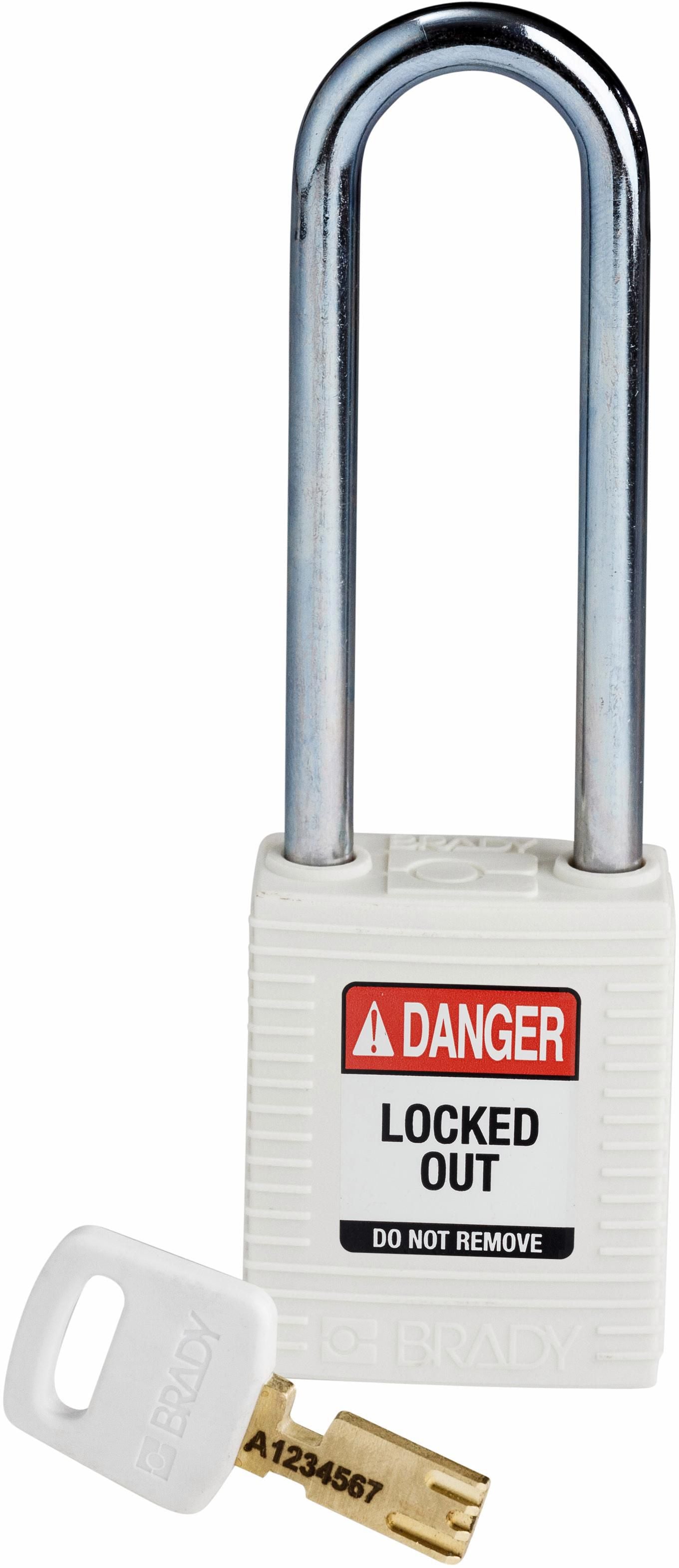 Brady SafeKey Mechanisches Vorhängeschloss – Nylon, Bügel 76×20 mm, Schäkeldurchmesser 6 mm, 38×19×46 mm, Weiss