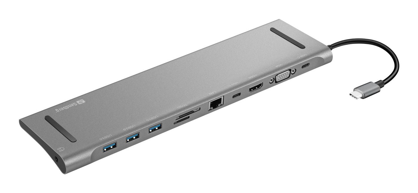 Sandberg Dockingstation – USB-C, HDMI, VGA, 3× USB-A, 100 W PD, GbE, SD/microSD, 3,5 mm Audio, für Windows/Mac