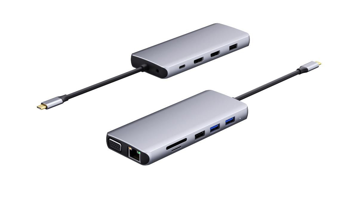 eSTUFF Multiport-Adapter – USB-C, 2× HDMI, 1× VGA, 4× USB-A, 100 W PD, GbE, 3,5 mm Audio, für USB-C-Geräte