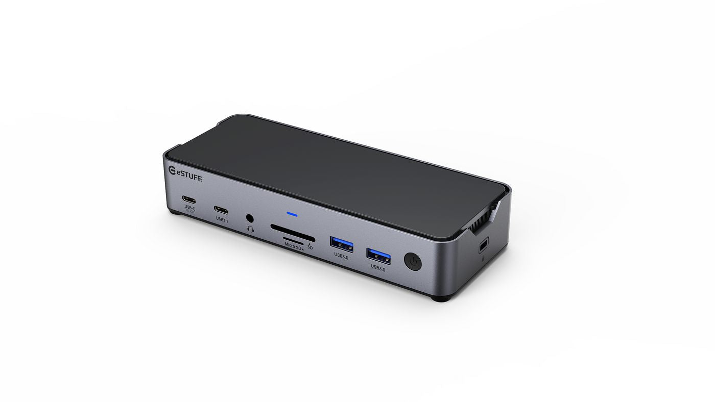 eSTUFF GLB232006 Dockingstation – USB-C, 1× DP, 2× HDMI, 3× USB-A, 2× USB-C, 100 W PD, GbE, SD/microSD