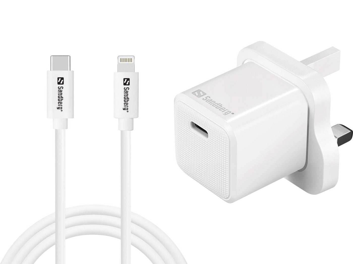 Sandberg USB-Ladegerät 20 W – USB-C×1, PD – UK-Stecker, inkl. USB-C→Lightning 1 m – für iPhone