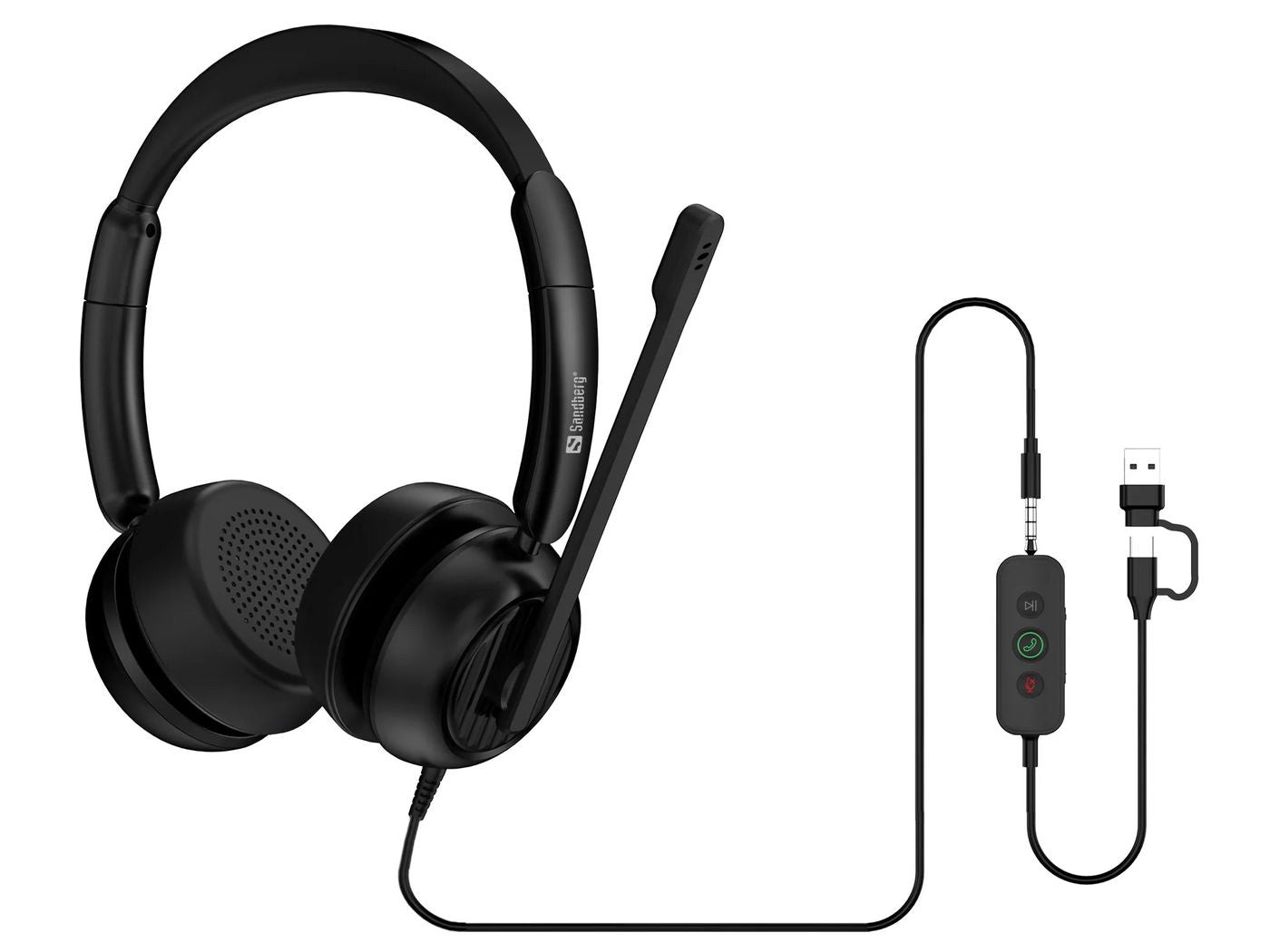 Sandberg 126-54 Office-Headset – On-Ear, Stereo, Kabel, 3,5 mm Klinke + USB-A/USB-C, Schwarz