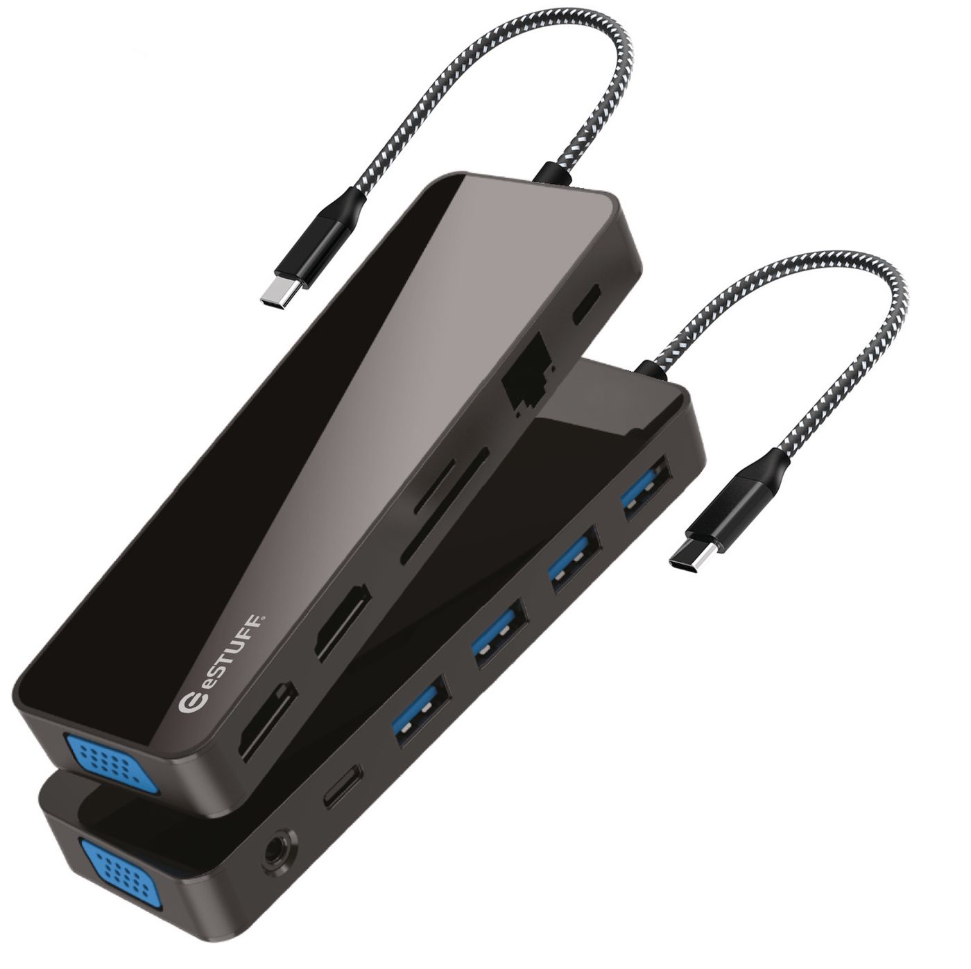 eSTUFF GLB235470 Multiport-Adapter – 2× HDMI, 1× VGA, 4× USB-A, 1× USB-C, 100 W PD, GbE, 3,5 mm Audio