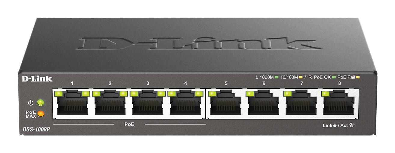 D-Link DGS-1008P – Unmanaged L2 Switch – 8× 1G, 4× PoE+, PoE Budget 60 W, Desktop