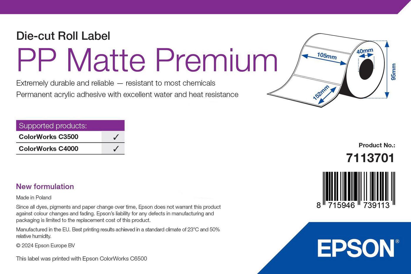 Epson Etiketten (Rolle) 105 × 152 mm – 185 Etiketten/Rolle – permanent haftend – für ColorWorks C3500/C4500