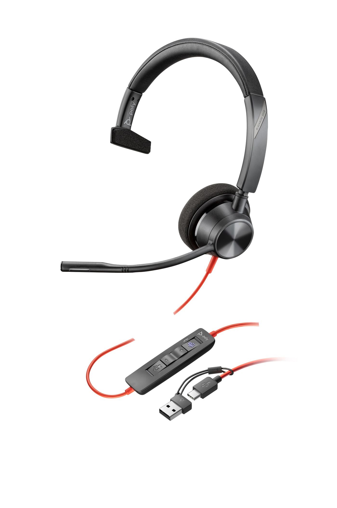 Poly Blackwire 3310 Office-Headset – On-Ear, Mono, Kabel (USB-C), MS Teams zertifiziert, Schwarz