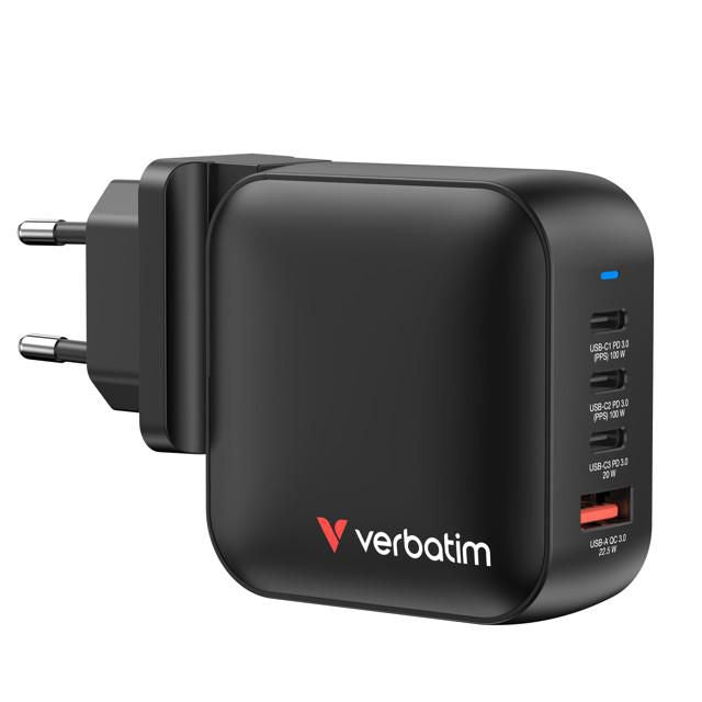 Verbatim Mini GaN Ladegerät (EU, UK, US) – 100 W, 3× USB-C + 1× USB-A, PD, QC, PPS