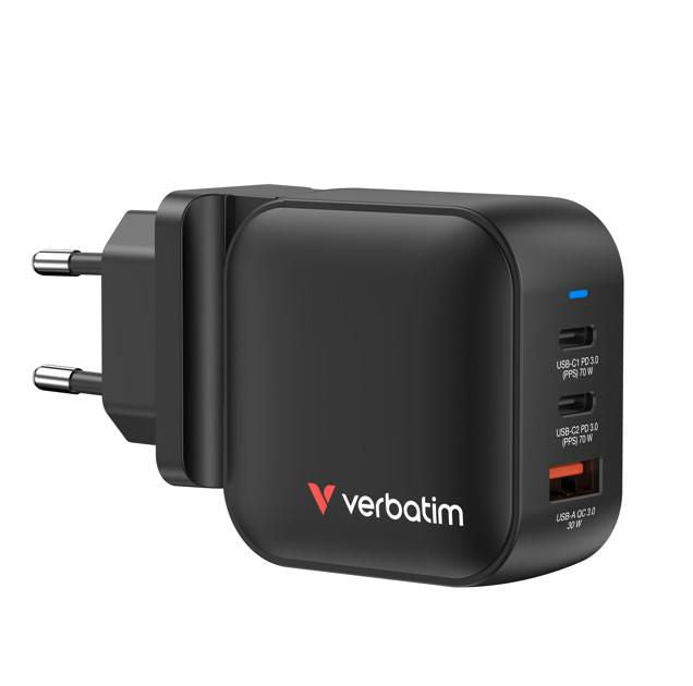 Verbatim Mini GaN Ladegerät 70 W USB-Ladegerät – USB-C×2, USB-A×1 – PD, PPS, QC 3.0