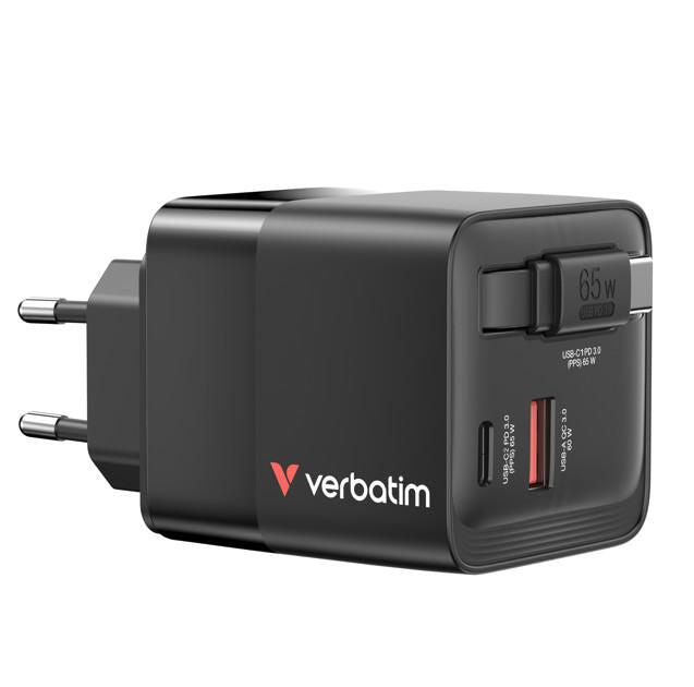 Verbatim GaN Ladegerät USB-Ladegerät 65 W – USB-C×1, USB-A×1 – PD, PPS, QC 3.0, GaN – EU/UK/US Adapter – Schwarz