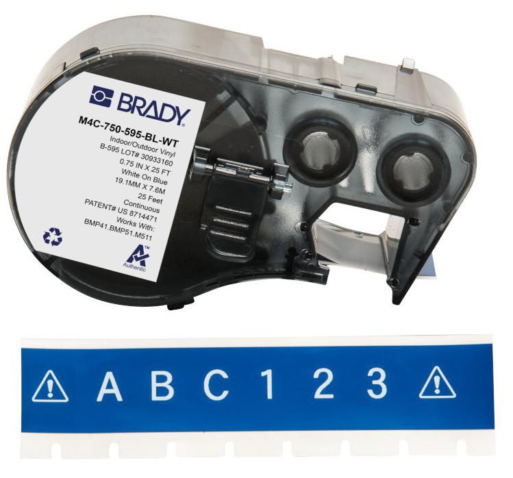 Brady M4C-750-595-BL-WT Vinyl-Industrieband – weiss auf blau – 19 mm, Vinyl, glänzend – für Brady BMP41/51/53