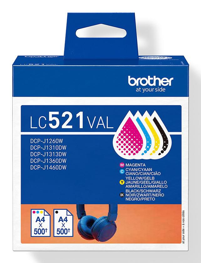Brother LC521VAL Tintenpatronen-Multipack, Schwarz/Cyan/Magenta/Gelb (Original) – für DCP-J1260W/1310DW …