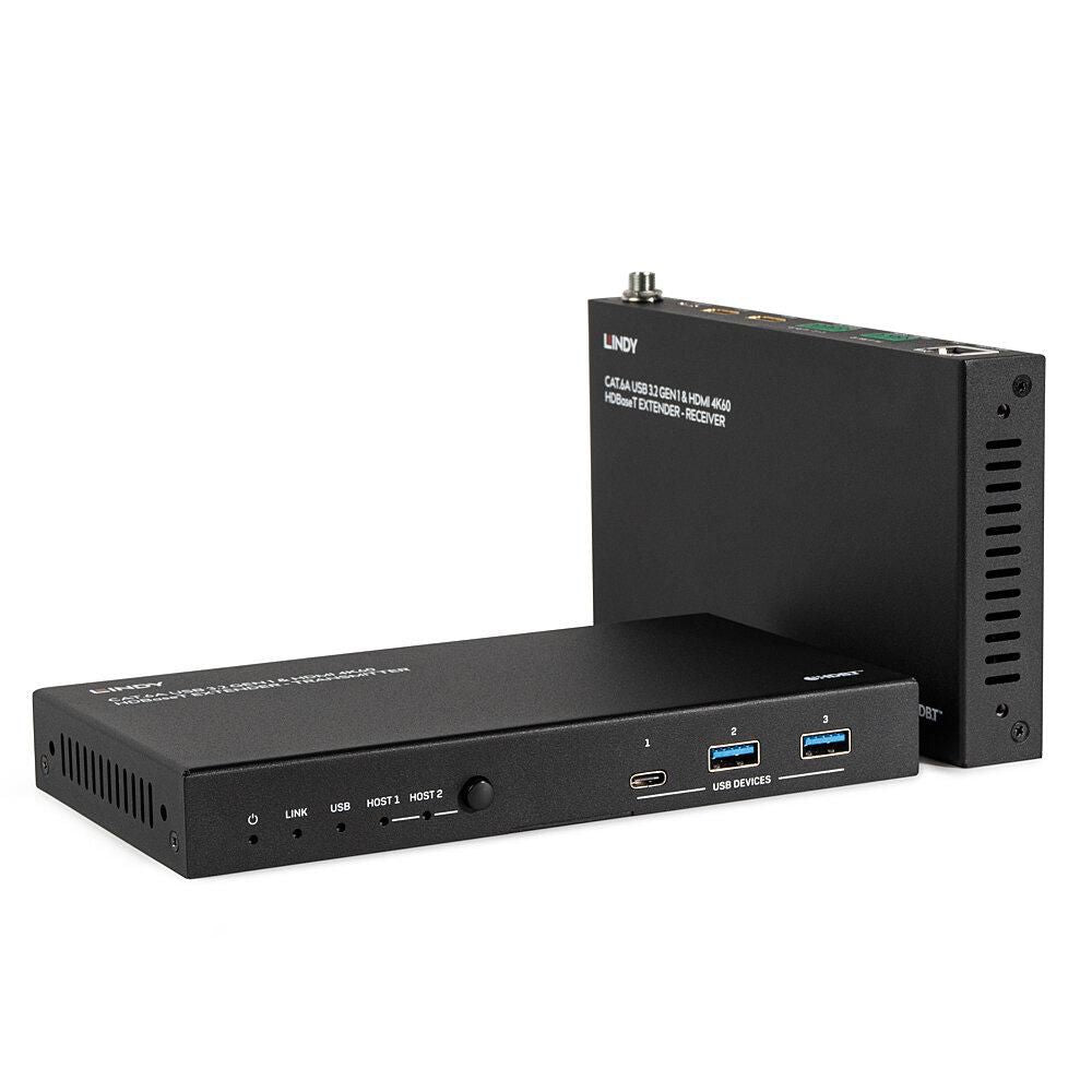 Lindy 39365 – HDBaseT Extender-Set, über Cat6a, USB 3.2 Gen 1 4×/2×, RJ-45 1×/1×, 100 m, PoE