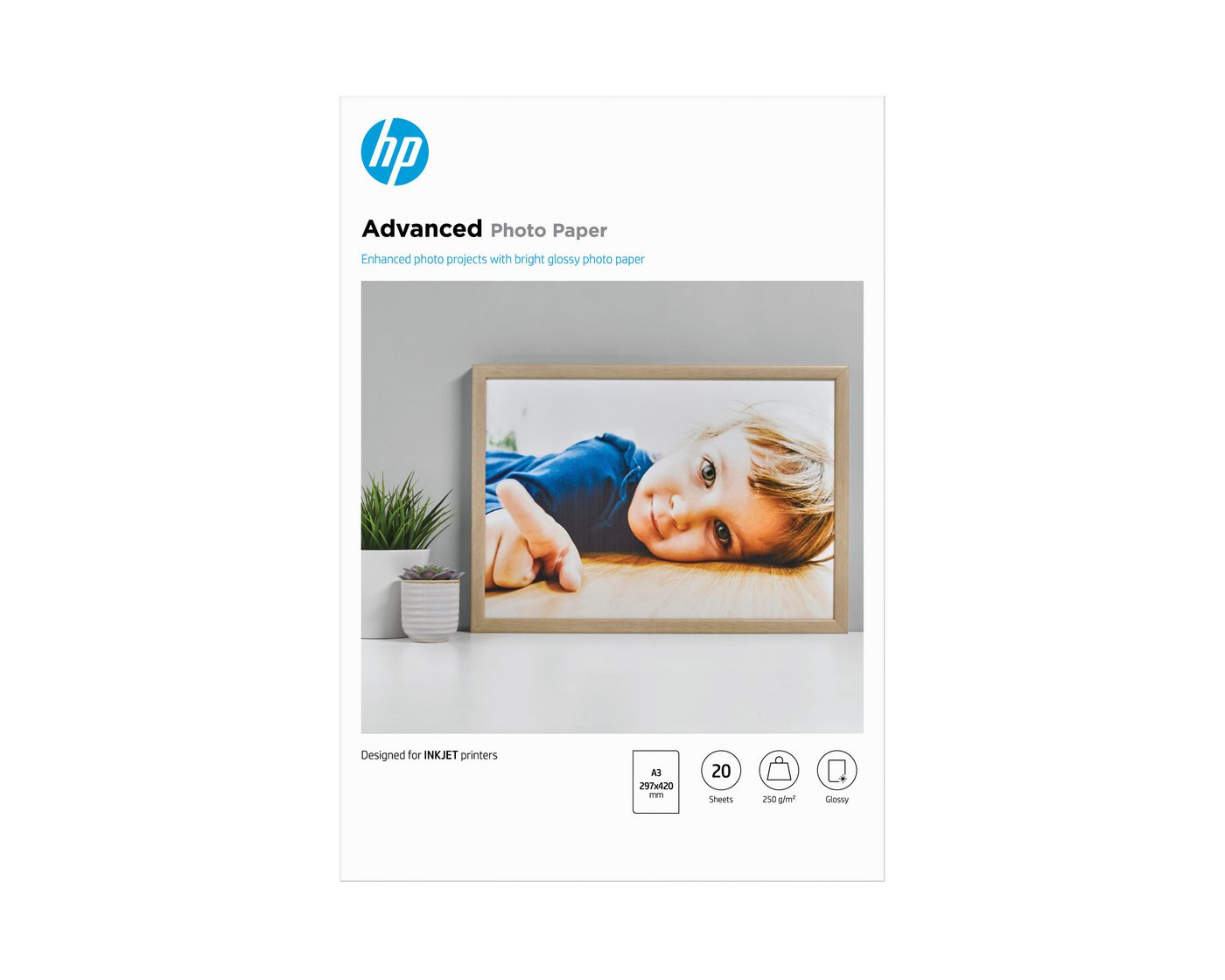 HP Fotopapier – hochglänzend, A3, 250 g/m², 20 Blatt – für Inkjet-Drucker