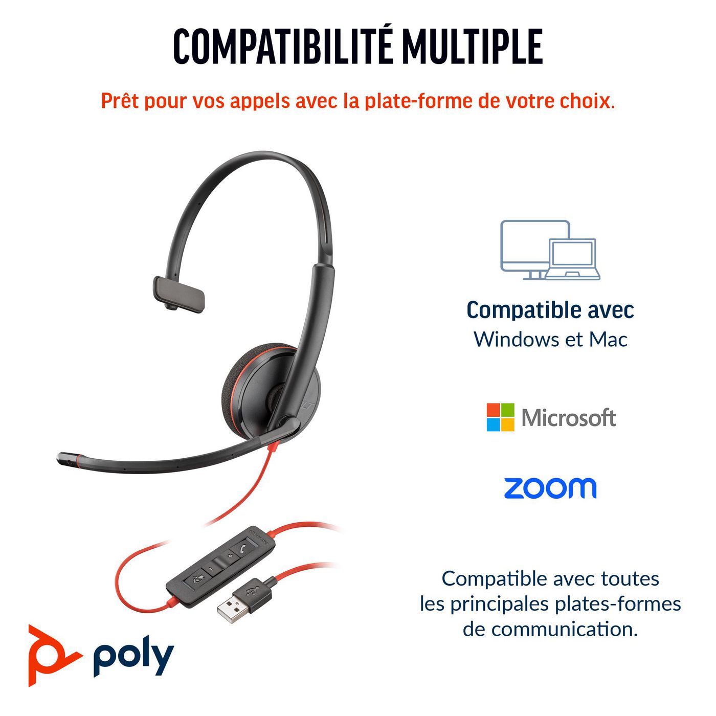 Poly Blackwire 3210 Office-Headset – On-Ear, Mono, Kabel, USB-C, 3,5 mm Klinke, UC-optimiert, Schwarz