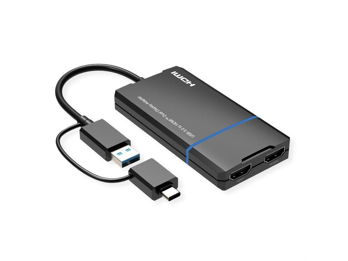 VALUE USB-A/USB-C Adapter zu 2× HDMI – 4K (3840 × 2160) @ 30 Hz + 1920 × 1080 @ 60 Hz, 0,15 m, USB 3.2 Gen 1
