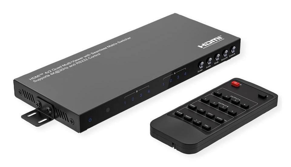 VALUE HDMI Matrix 4×2, 4K@30 Hz, Quad Multi-Viewer, HDCP 1.4, RS-232/IR, Toslink/Stereo, Schwarz