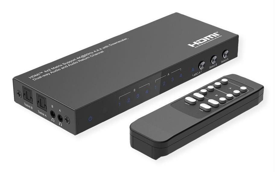 VALUE HDMI Matrix 4×2, 4K@60 Hz, HDCP 2.2, EDID, Toslink, Downscale, IR-Fernbedienung