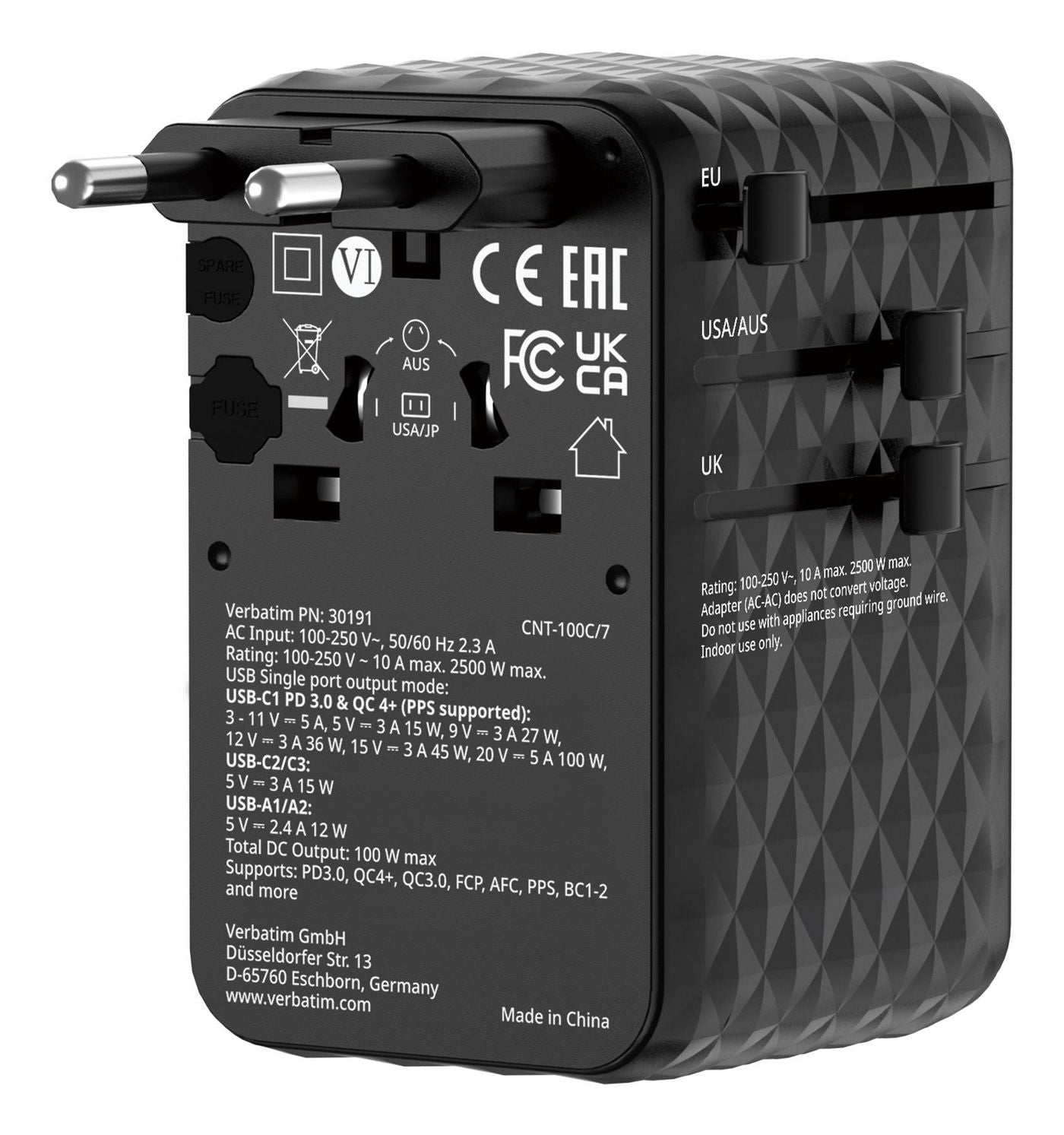 Verbatim Charge 'n' Travel Ladegerät – 100 W, mit einziehbarem Kabel