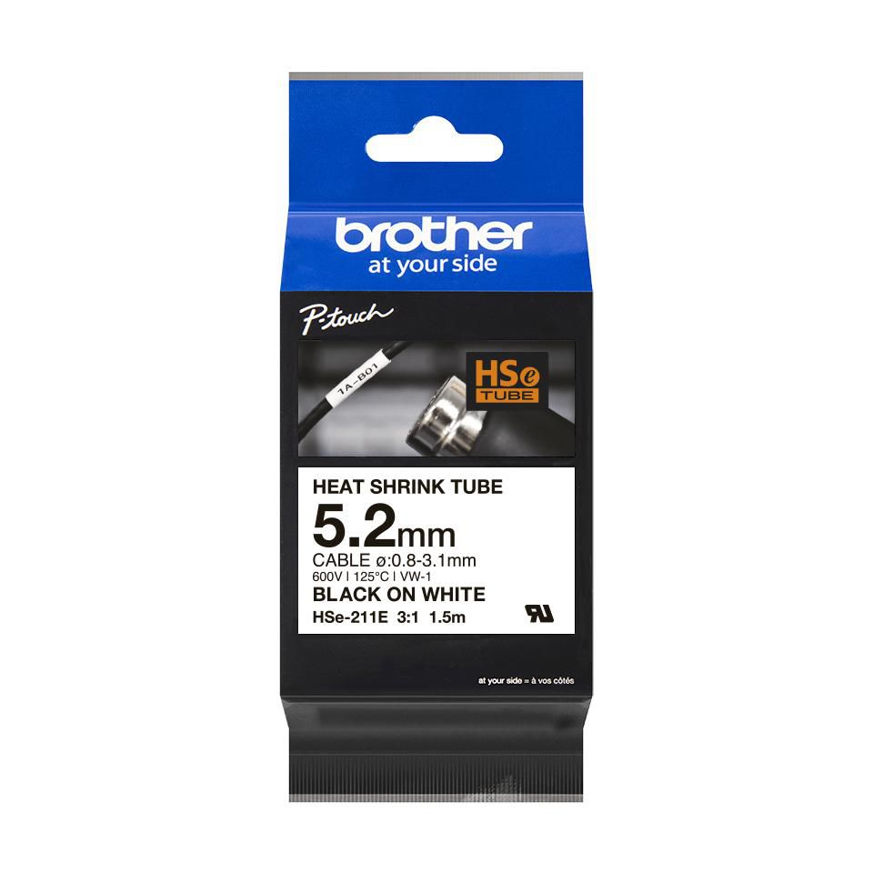 Brother HSe-211E Schrumpfschlauch – Schwarz auf Weiss – Ø 5,2 mm – für Brother