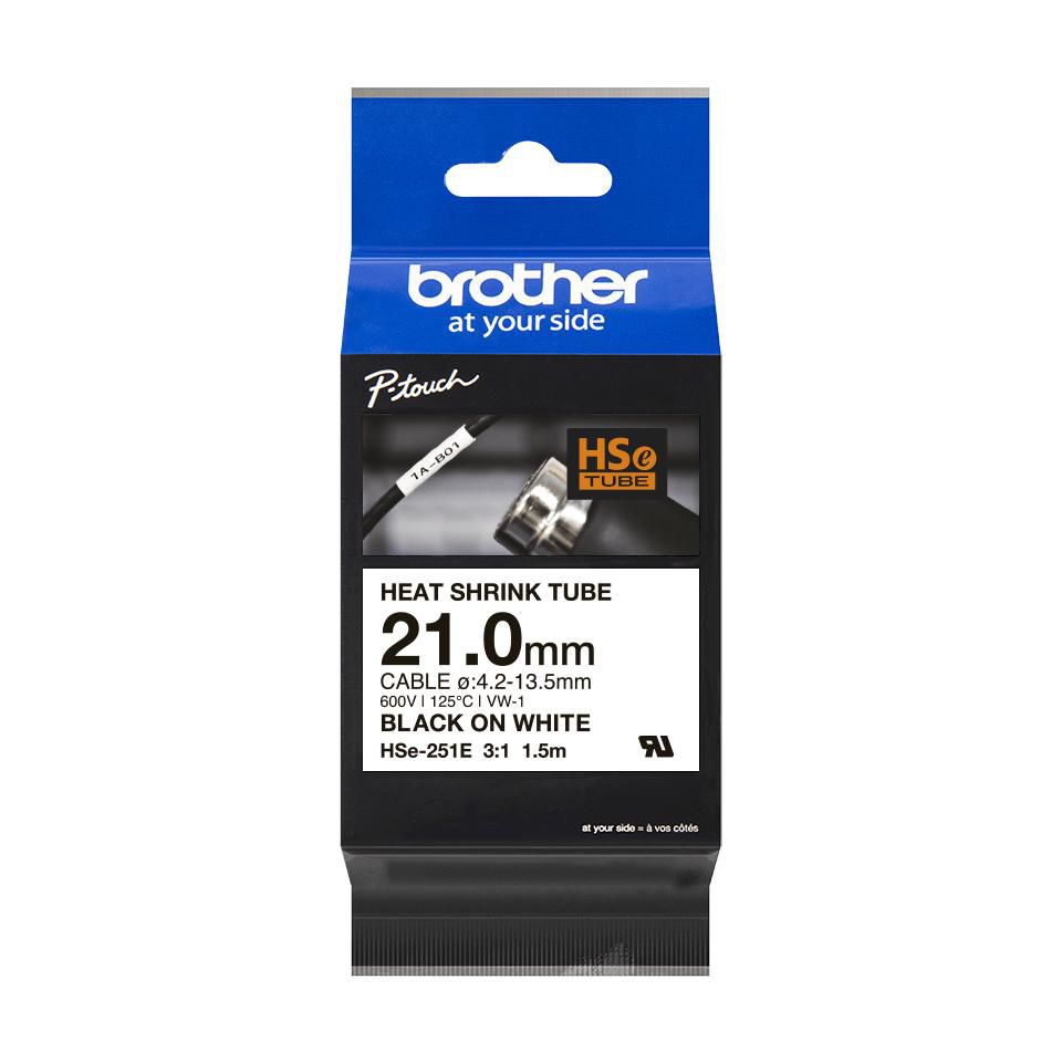 Brother HSe-251E Schrumpfschlauch – Schwarz auf Weiss – Ø 21 mm – für Brother P-touch