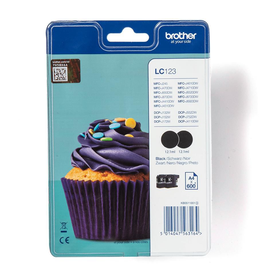 Brother LC123BKBP Schwarz Tintenpatrone (Original) – 600 Seiten – für MFC-J470DW/J870DW, DCP-J132W