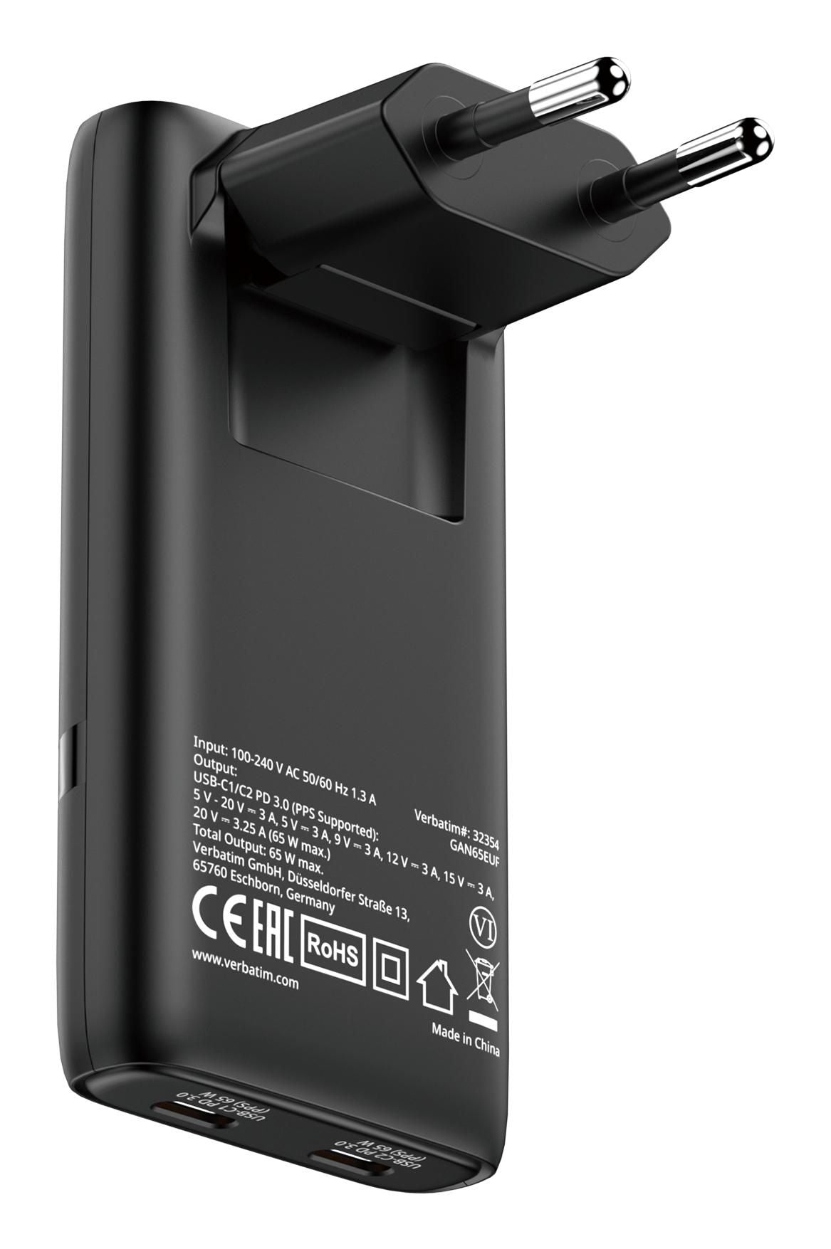 Verbatim 32354 USB-Ladegerät 65 W – USB-C×2 – PD 3.0, GaN, EU-Stecker (Typ C) – für Laptop und andere