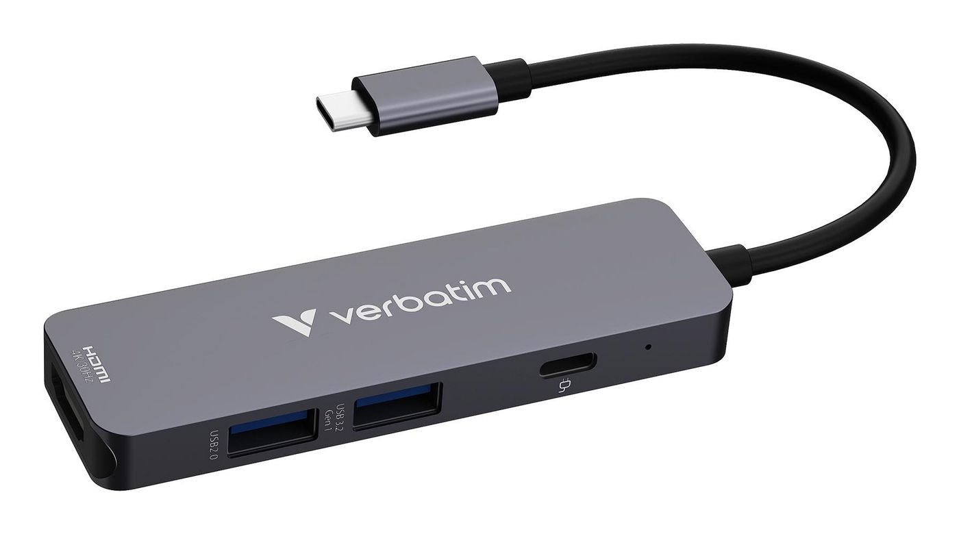 Verbatim 32155 Multiport-Adapter – USB-C, 1× HDMI, 2× USB-A, 100 W PD, für Windows/Mac/Linux