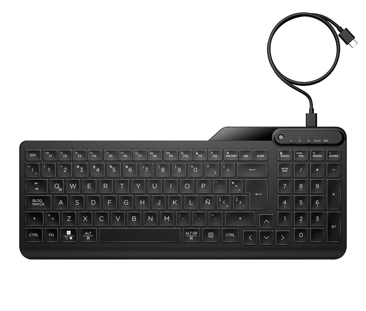 HP 405 – Tastatur – Membran, kabelgebunden – USB-C – beleuchtet – auslaufsicher – schwarz