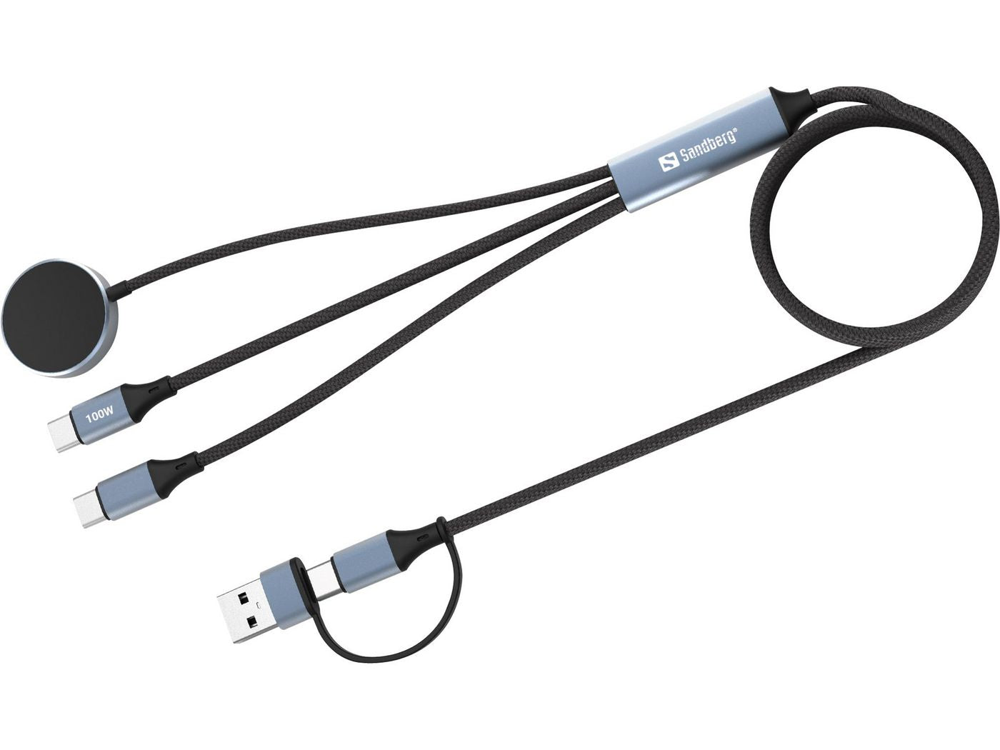 Sandberg Multi-Kabel – 3-in-1 USB-A/USB-C auf USB-C/Lightning/Micro-USB 1,2 m, PD 100 W, geflochten, schwarz